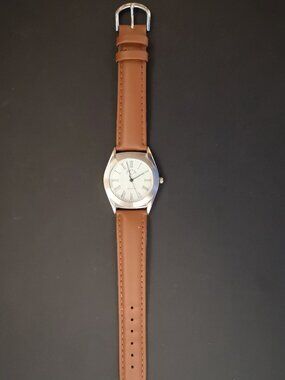 PCA Unisex Wristwatch w/ Light Brown Leather Strap Roman Numerals on White Dial